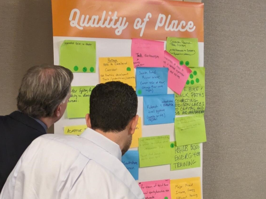 Two people examining a poster titled "Quality of Place" with handwritten notes and suggestions.