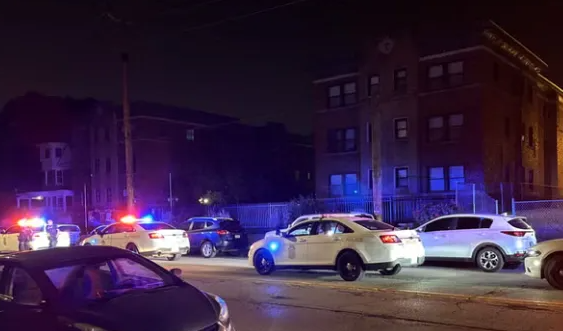 Night scene of multiple police vehicles with flashing lights parked on a city street.