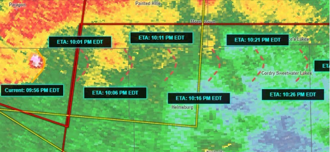 A weather radar map showing storm activity and estimated time of arrival (ETA) for various locations, including Paragon, Painted Hills, and Cordy Sweetwater Lakes.