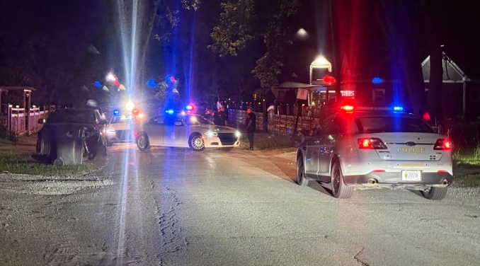 Emergency vehicles with flashing lights on a nighttime street
