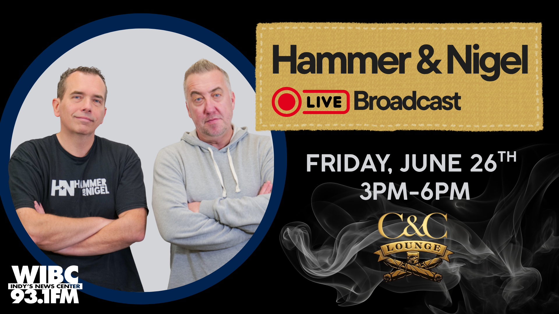 Two middle-aged men with serious expressions, one wearing a "Hammer & Nigel" t-shirt, standing in front of a "Hammer & Nigel LIVE Broadcast" banner with the date and time.