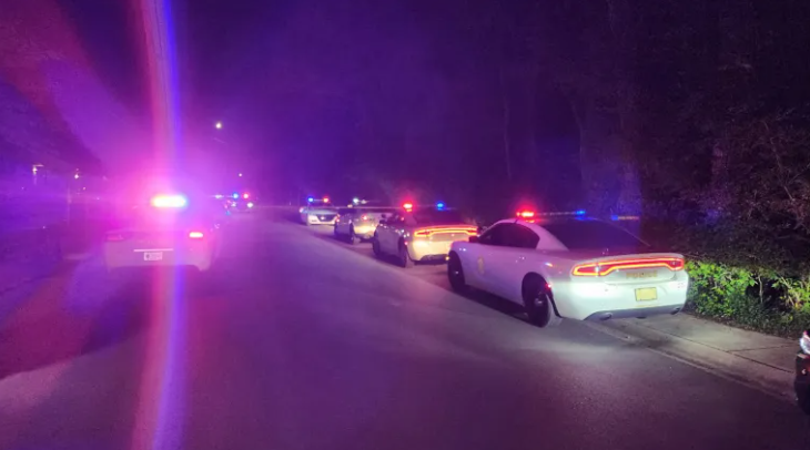 Night scene with multiple police vehicles with flashing lights on a dark road.