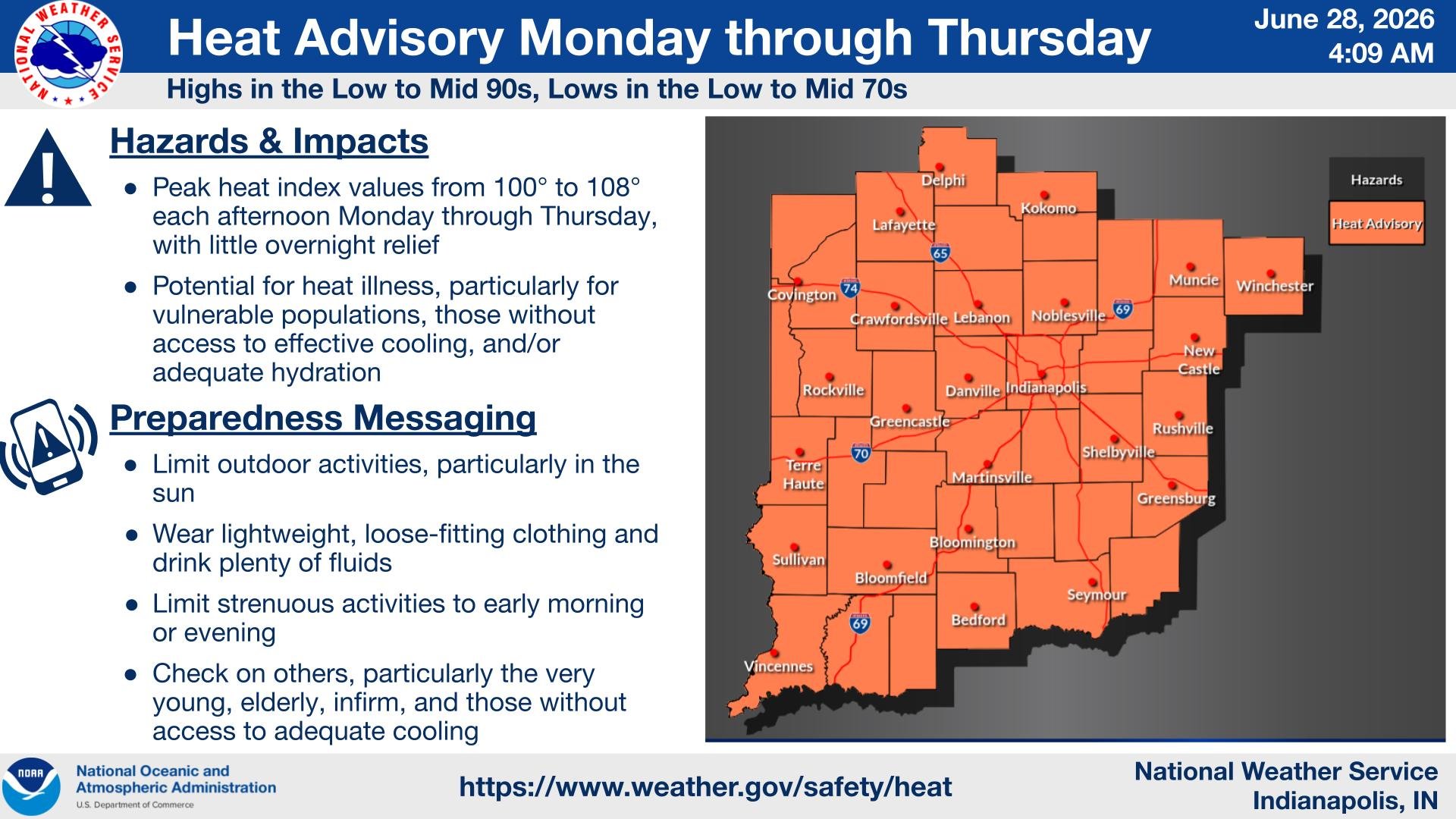 Heat Advisory map for Indiana showing peak heat index values from 100° to 108° Monday through Thursday, with preparedness messaging.