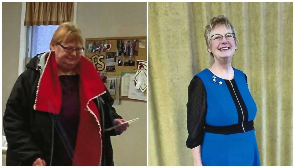 Two images side-by-side: A woman in a red scarf and black coat standing in a room with memorabilia on the wall, and a woman in a blue vest and black top smiling in a room with curtains.