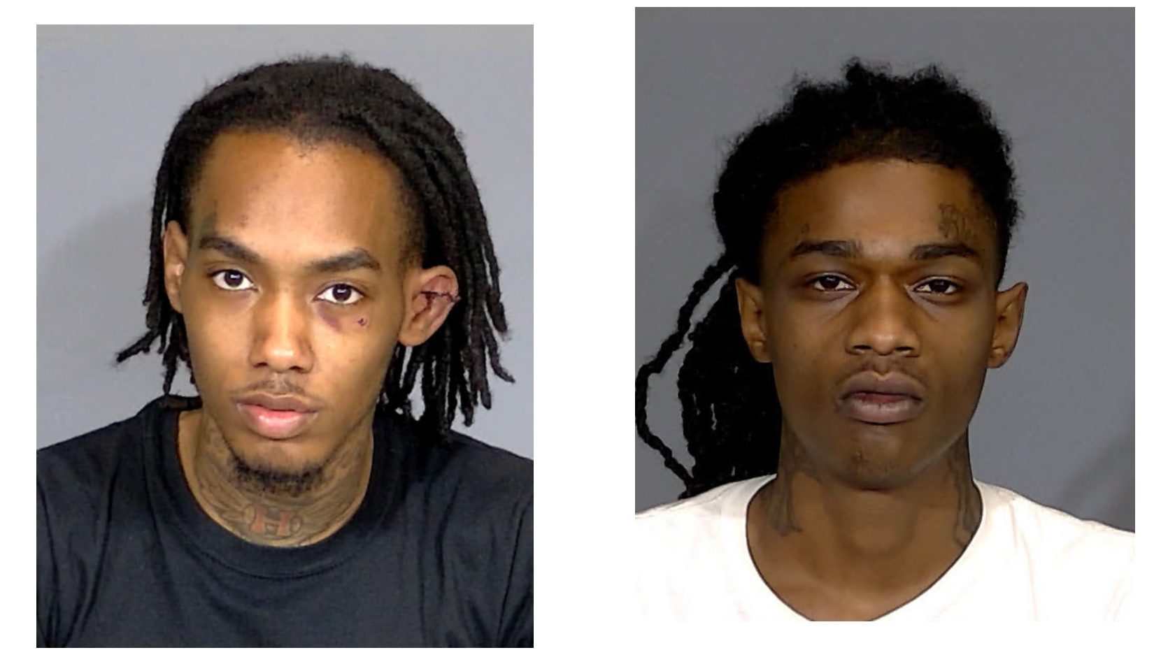 Two mugshot-style portraits of a young Black man with dreadlocks, wearing a black shirt.