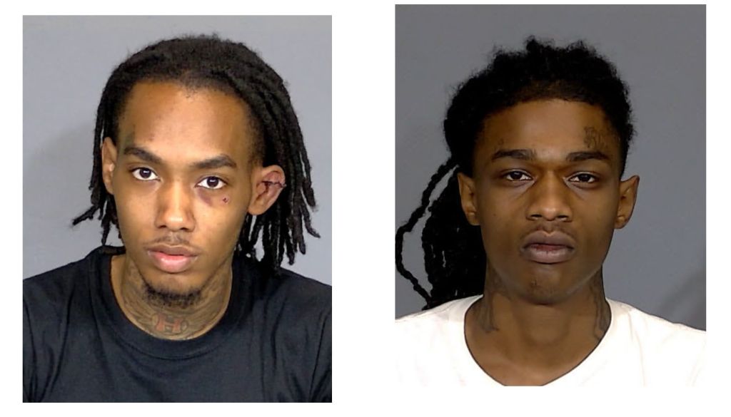 Two mugshot-style portraits of a young Black man with dreadlocks, wearing a black shirt.