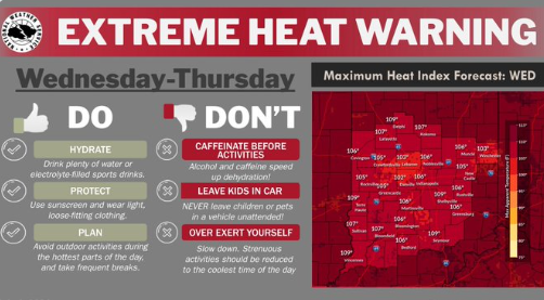 Extreme heat warning graphic with "DO" and "DON'T" lists and maximum heat index forecast.