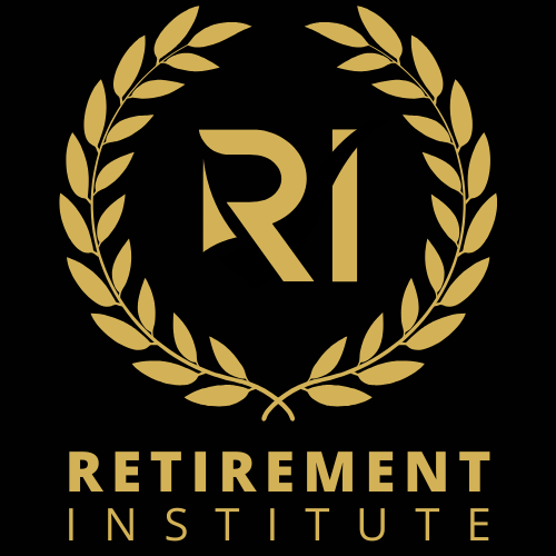 Gold laurel wreath surrounding the text "R1 RETIREMENT INSTITUTE" on a black background.