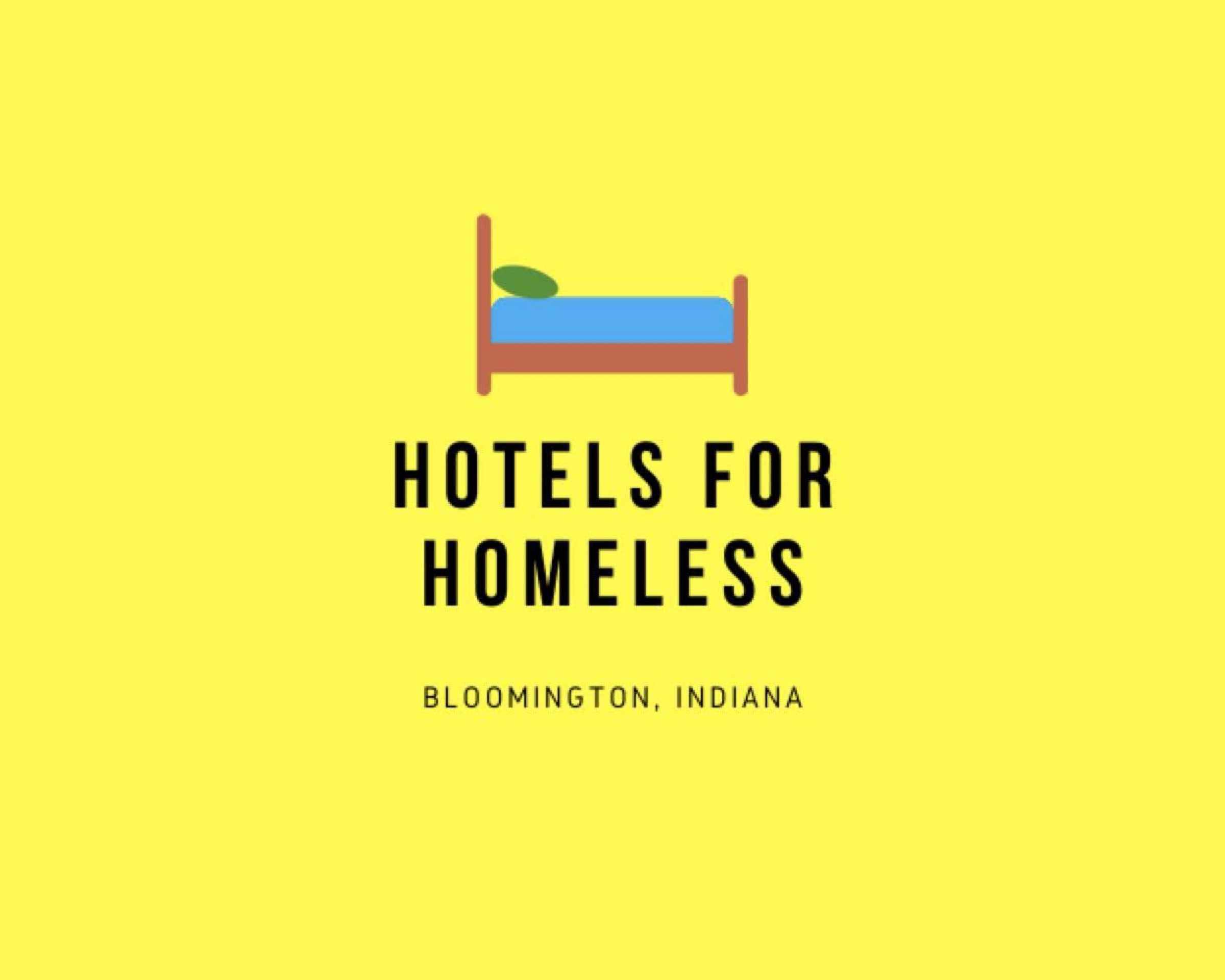 Hotels for Homeless logo on a yellow background, showing a simple bed icon.