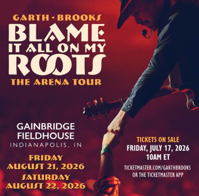 Promotional poster for Garth Brooks' "Blame It All on My Roots" arena tour, featuring a close-up of the singer performing on stage.
