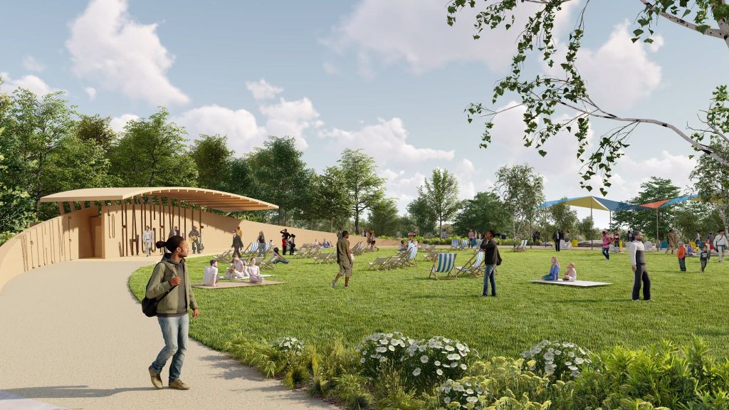 A park with people relaxing on the grass, walking, and enjoying the outdoors under a canopy of trees.