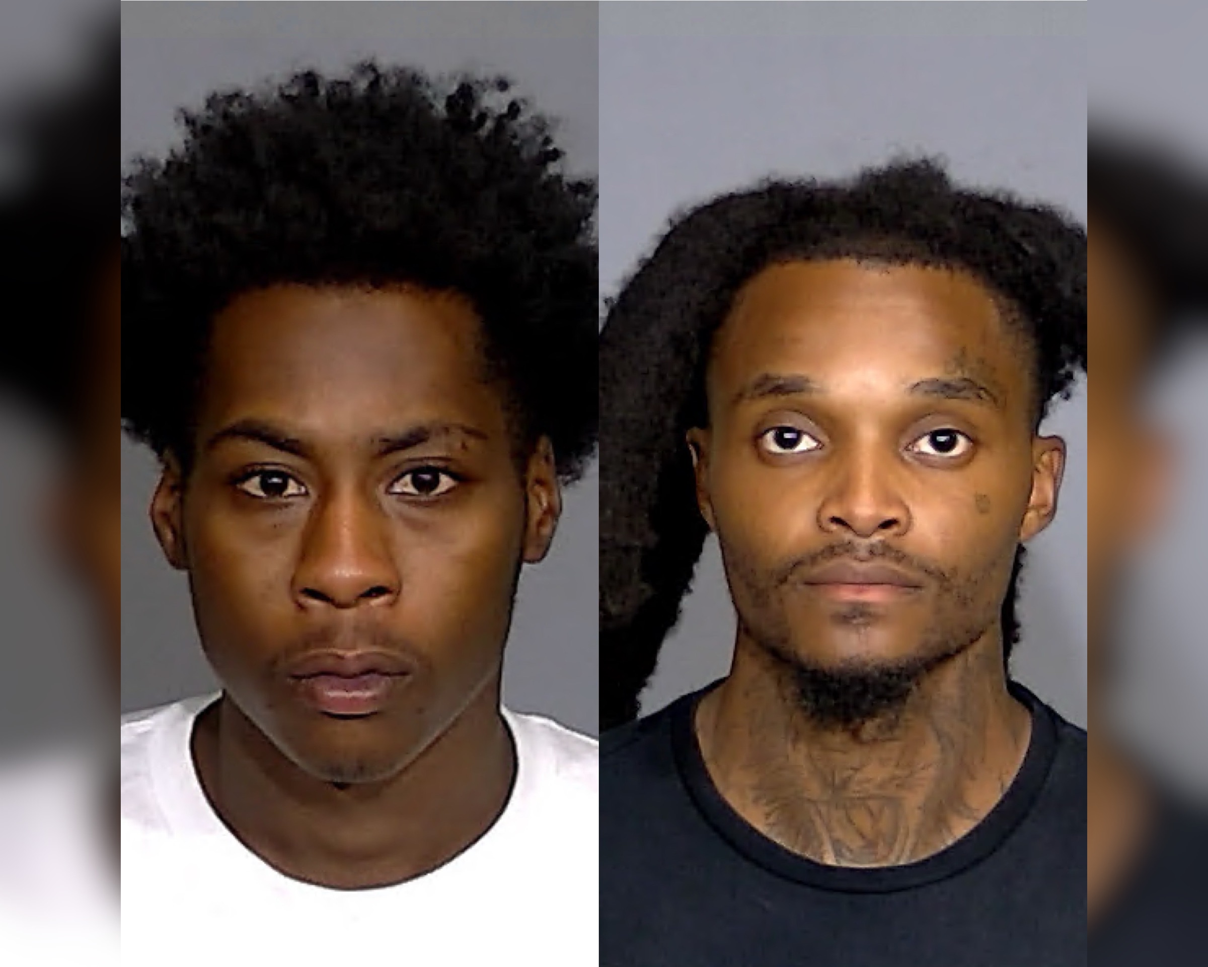Two mugshot-style portraits of a young Black man with short curly hair and a Black man with a beard.