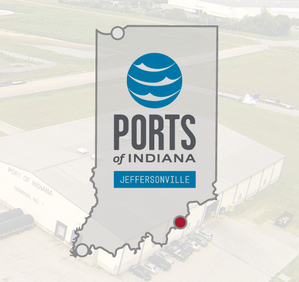 Ports of Indiana logo on a map of Indiana, with the location "Jeffersonville" indicated.