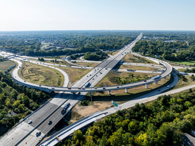 Early morning aerial of Interstate 65, 74, 69, and 465 Interchange - Flyover Ramps - Indianapolis, Indiana