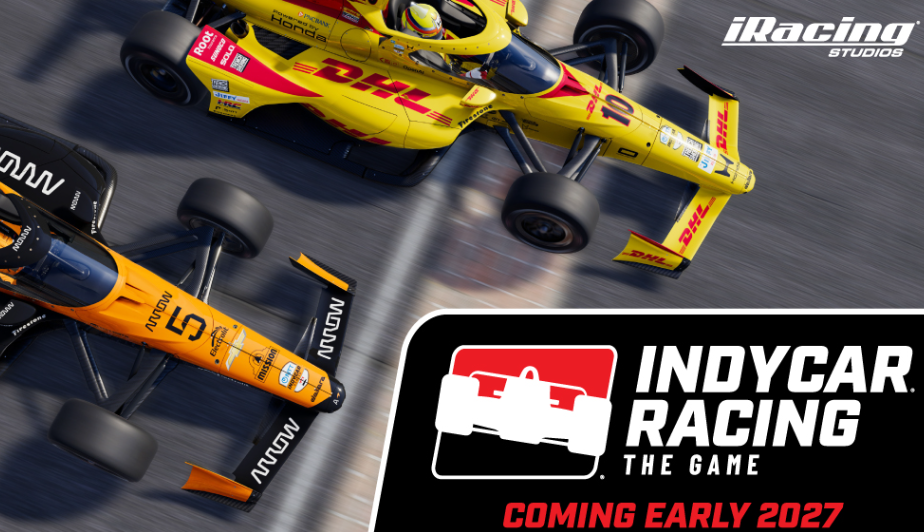 A yellow race car with "DHL" and "Indycar Racing" logos speeding on a racetrack.