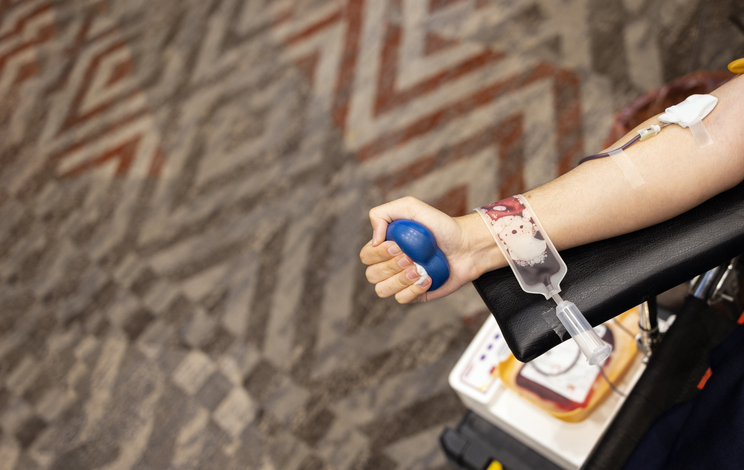 Blood Donation Process with Donor Holding Stress Ball During Voluntary Blood Collection Session