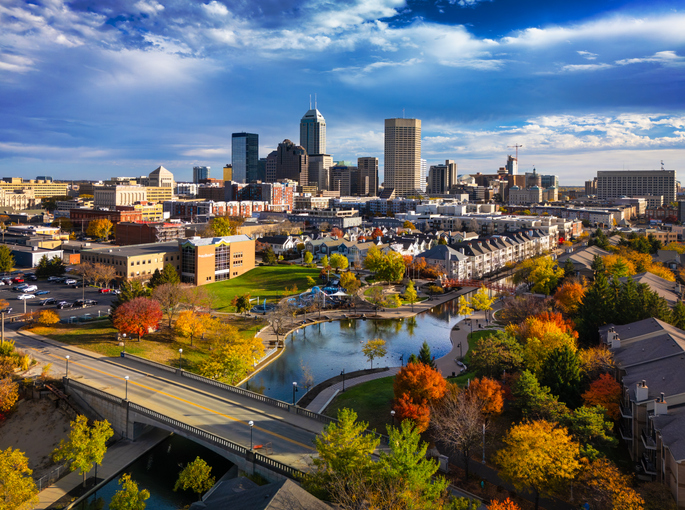 Indianapolis Downtown Skyline And Central Canal Aerial During Autumn