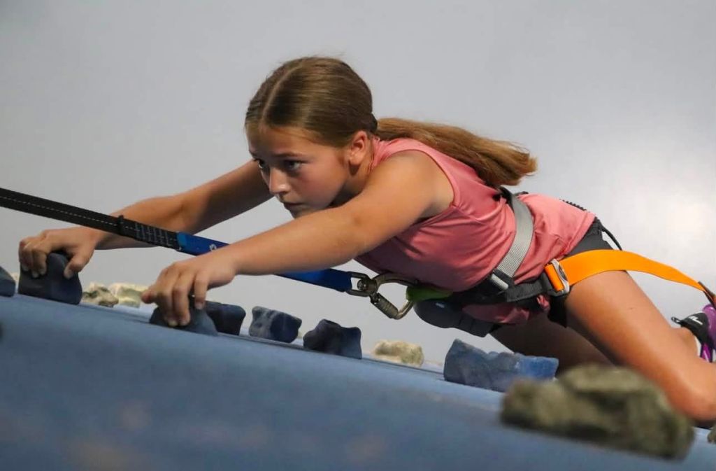 A woman in a pink top and harness climbing up a rock wall indoors.