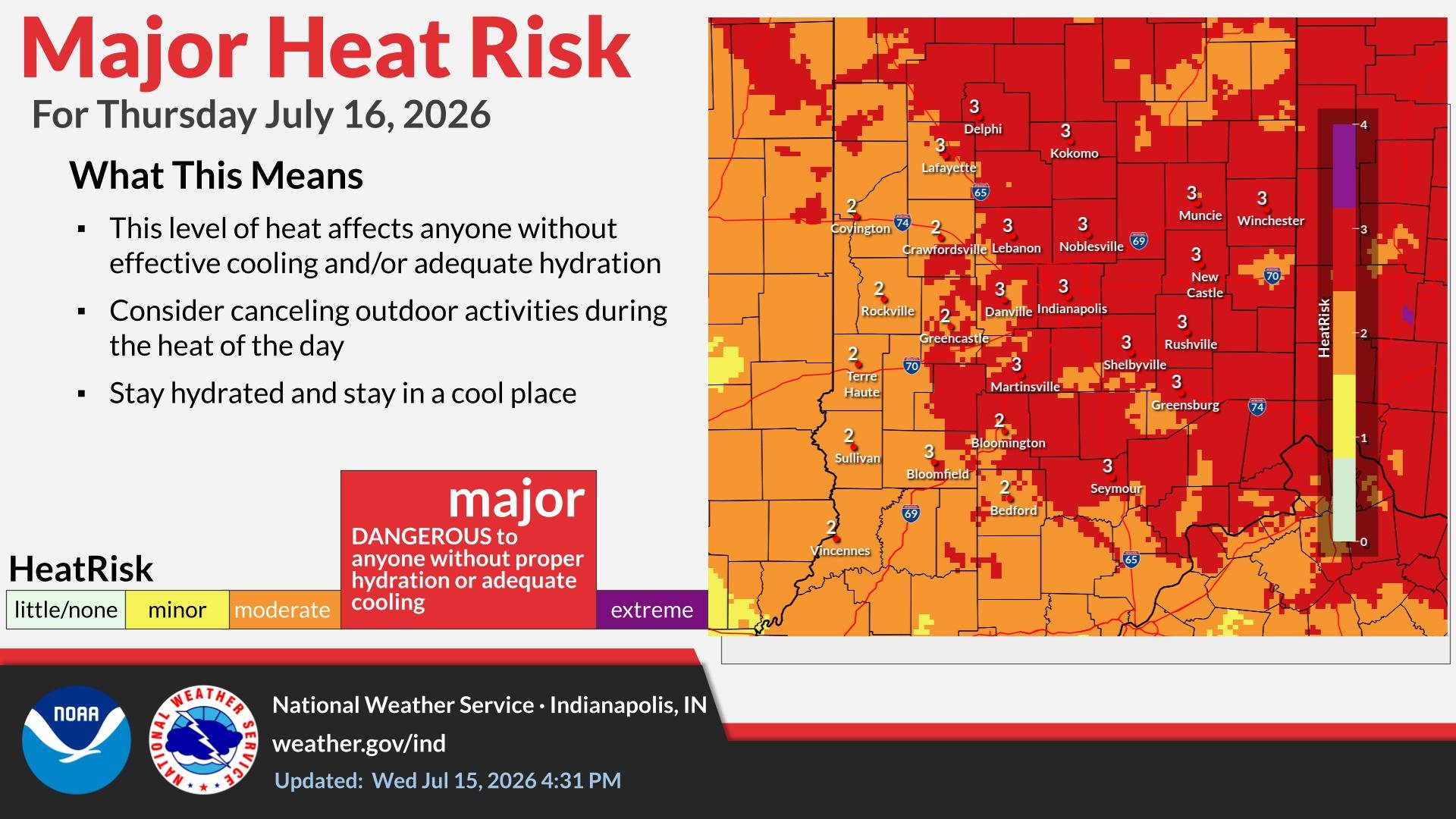 A map showing major heat risk levels across Indiana for Thursday, July 16, 2026. The map indicates areas of extreme, major, moderate, and little/no heat risk.