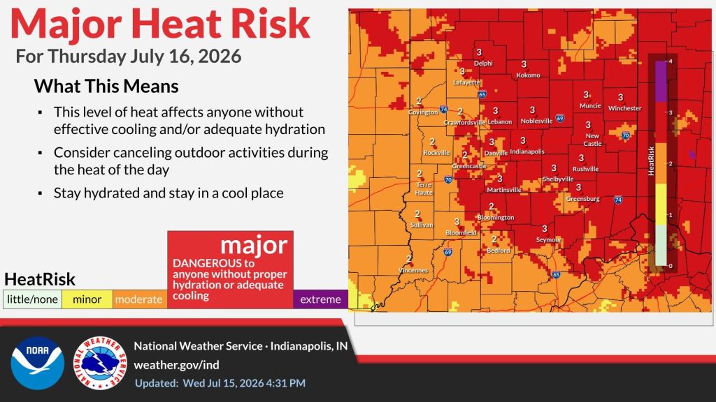 A map showing major heat risk levels across Indiana for Thursday, July 16, 2026. The map indicates areas of extreme, major, moderate, and little/no heat risk.
