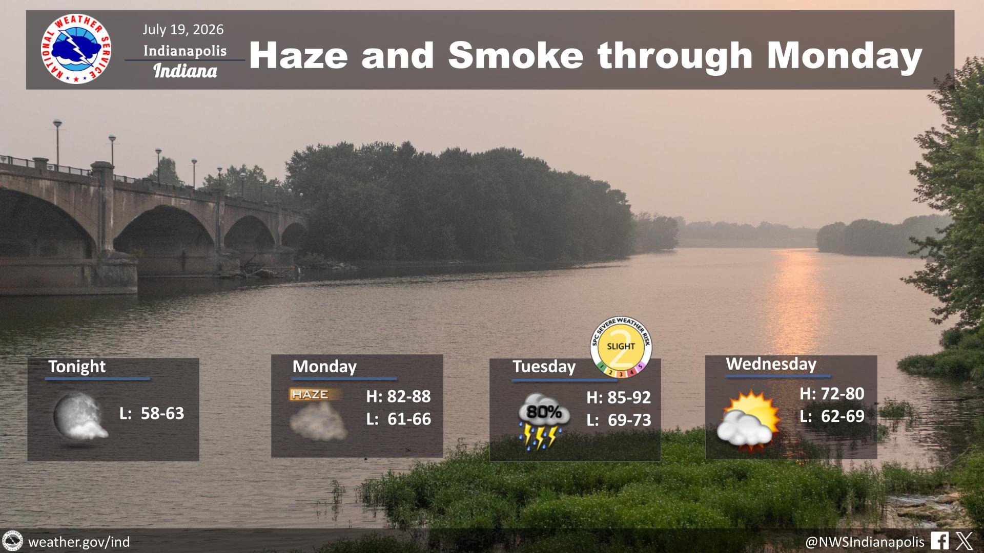 A hazy, smoke-filled landscape along a river with a bridge, as reported by the weather forecast for Indianapolis, Indiana on July 19, 2026.