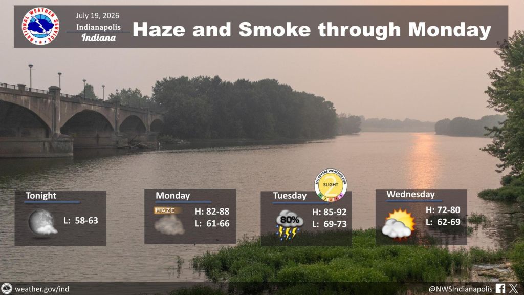A hazy, smoke-filled landscape along a river with a bridge, as reported by the weather forecast for Indianapolis, Indiana on July 19, 2026.