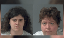 Two mugshot-style portraits of a woman with curly dark hair and a woman with lighter, wavy hair.