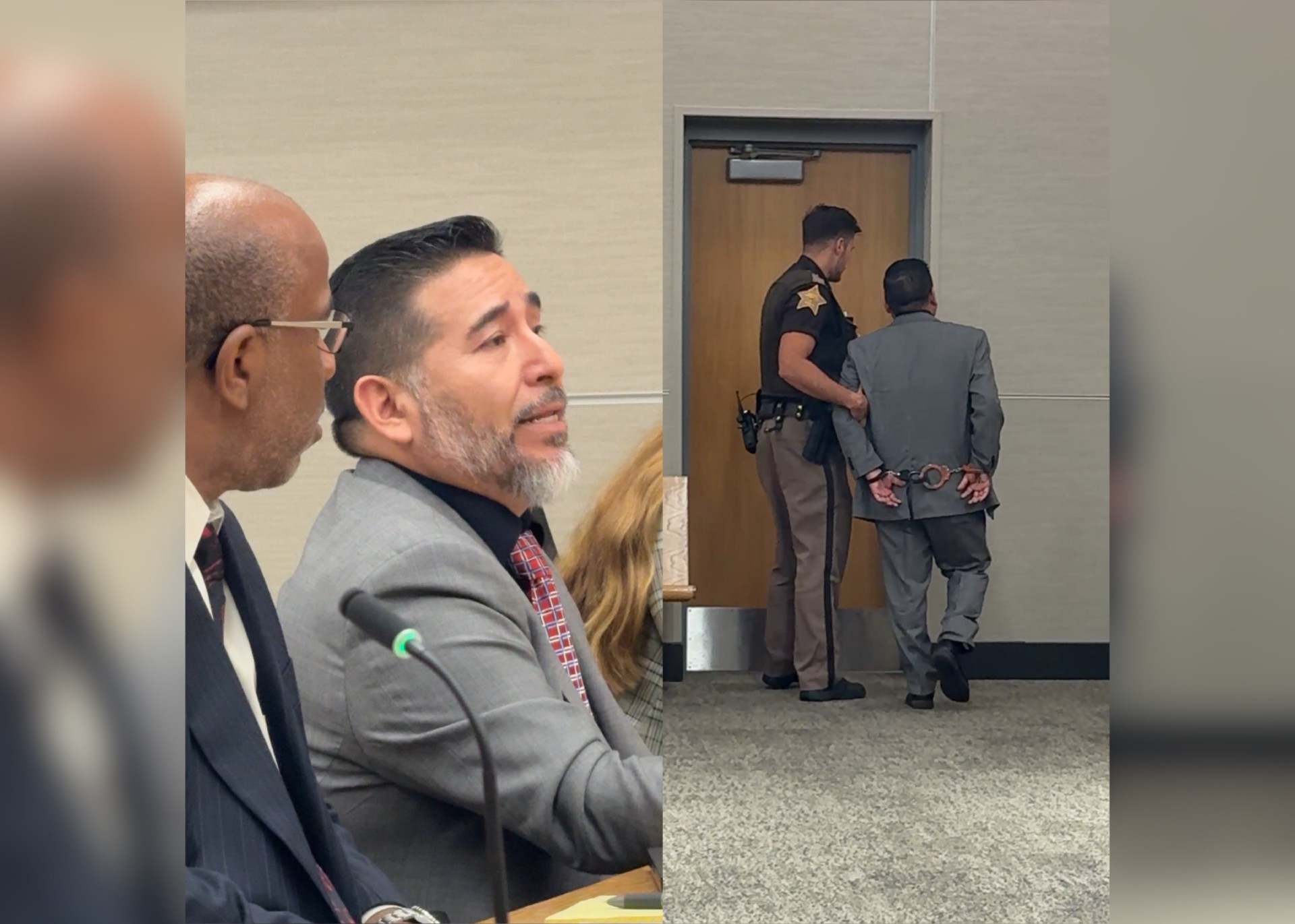 Two men in suits speaking, with a police officer standing in a doorway behind them.