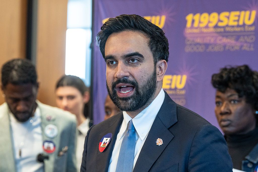 Mayor Zohran Mamdani speaks at the rally alongside 1199SEIU