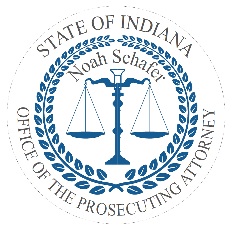 State of Indiana Office of the Prosecuting Attorney seal with scales of justice and text "Noah Schafer