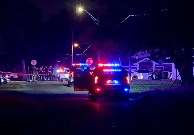 Emergency vehicles with flashing lights on a dark street at night.