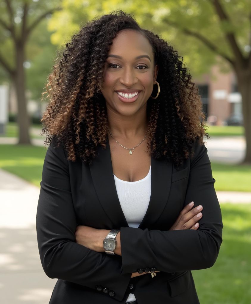 A smiling woman with curly dark hair wearing a black blazer stands in a park with trees in the background.