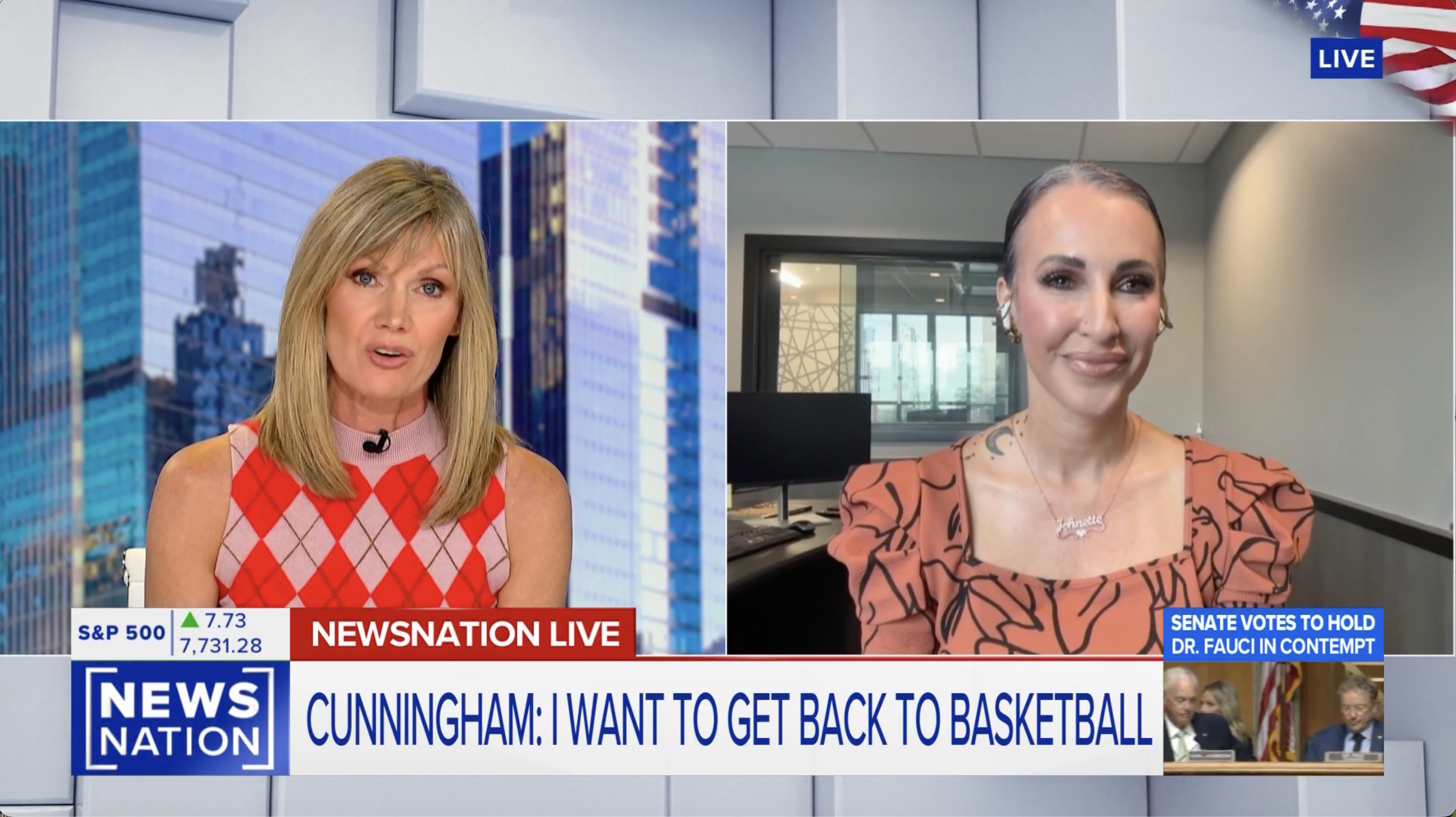 A News Nation Live broadcast featuring a female news anchor and a female guest discussing basketball, with text overlays including "CUNNINGHAM: I WANT TO GET BACK TO BASKETBALL" and "SENATE VOTES TO HOLD DR. FAUCI IN CONTEMPT".