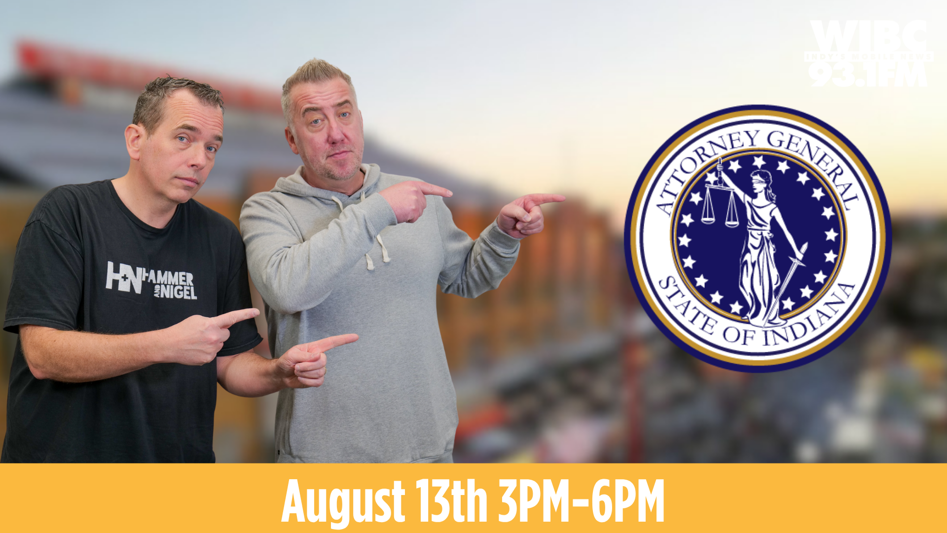 Two men pointing and gesturing in front of the Indiana Attorney General state seal.