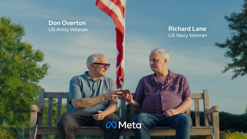 Two older men, one wearing a US Army veteran hat and the other a US Navy veteran, sitting on a bench in front of an American flag.