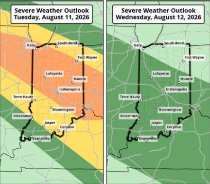 Severe weather outlook maps for Tuesday, August 11 and Wednesday, August 12, 2026, showing areas of potential severe storms and weather conditions across Indiana.