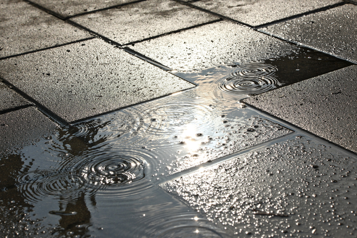 Wet Paving Slabs with Sunlight Reflection and Water Drops