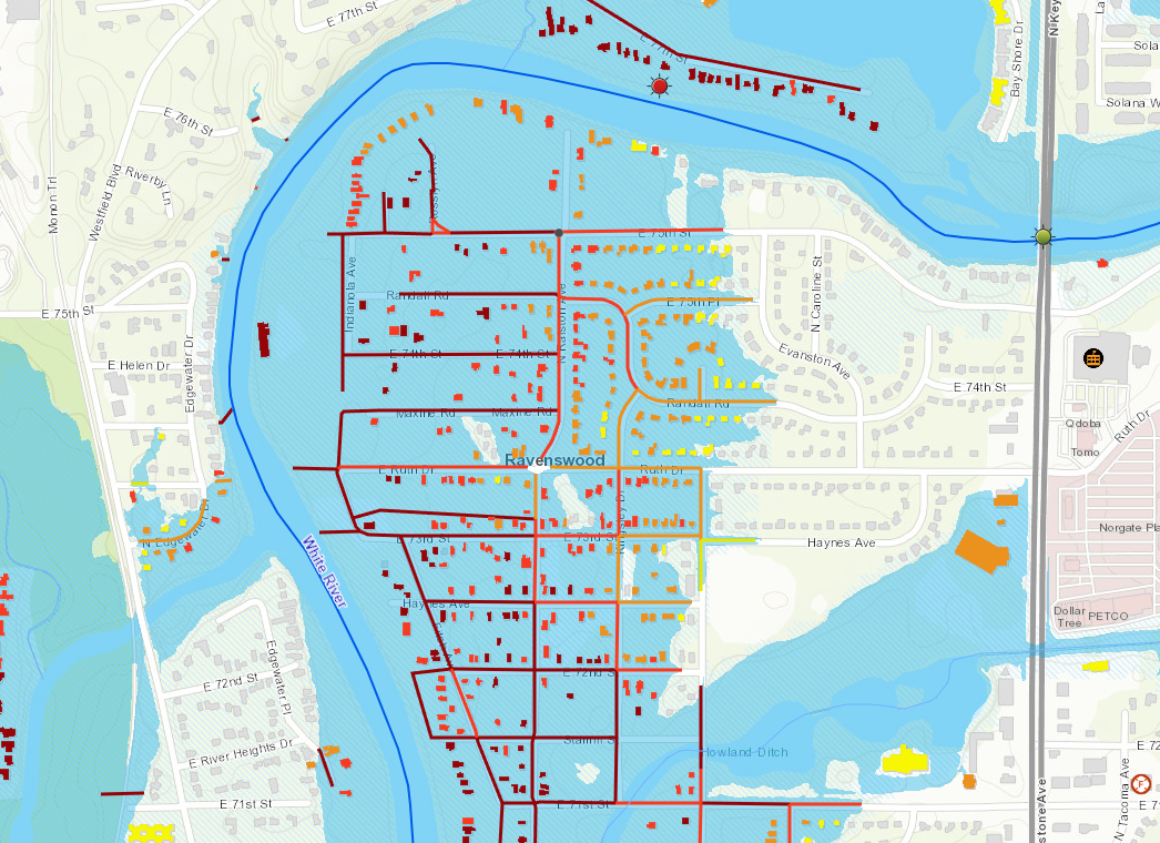 A map showing the Ravenswood neighborhood in Chicago, with streets, buildings, and bodies of water labeled.