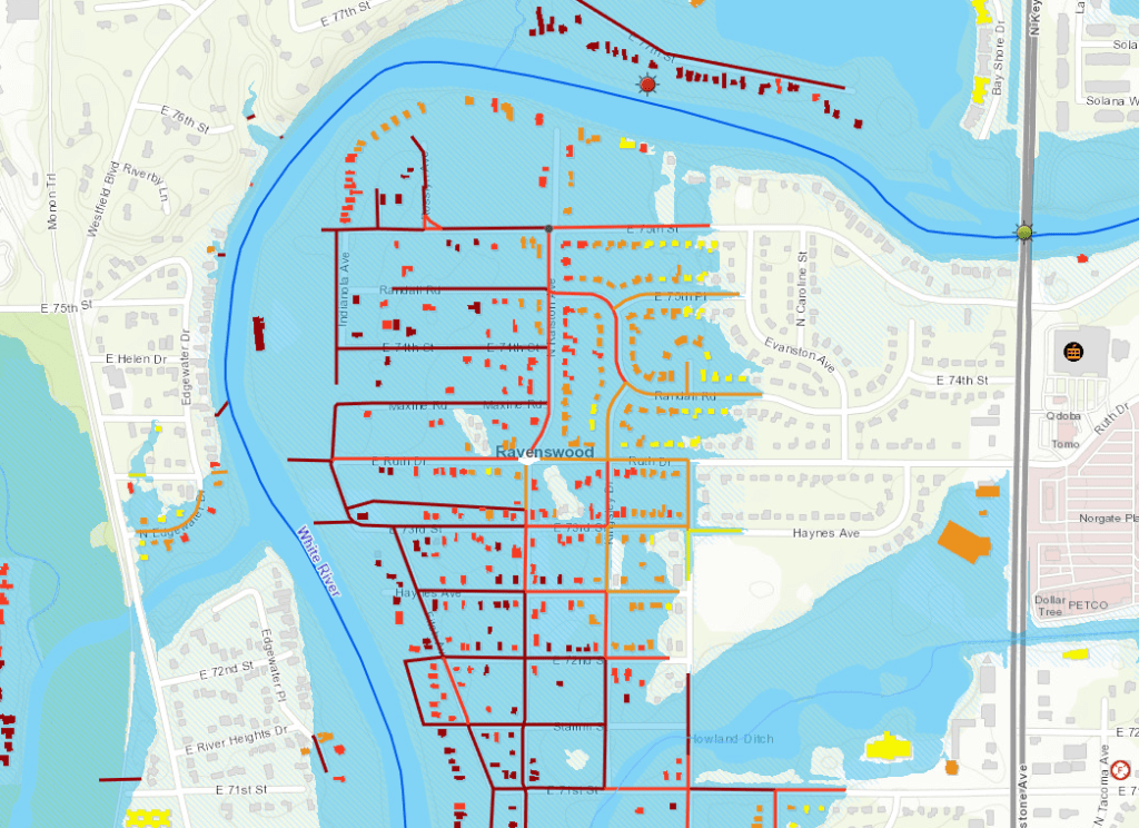 A map showing the Ravenswood neighborhood in Chicago, with streets, buildings, and bodies of water labeled.