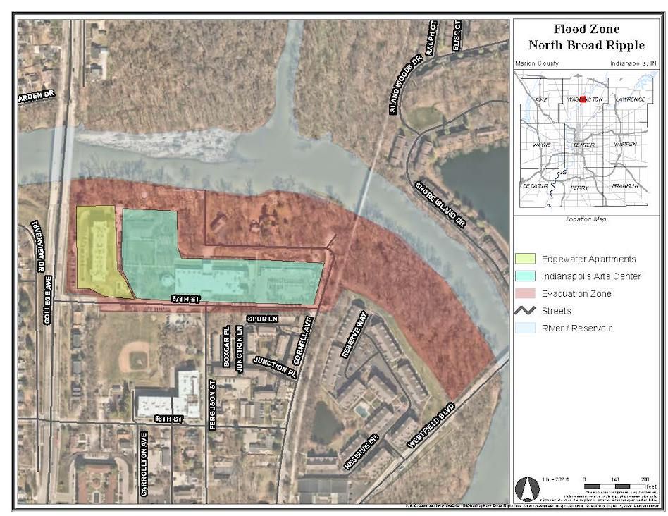 Aerial map showing a flood zone in North Broad Ripple, Indianapolis, Indiana, with labeled areas including Edgewater Apartments and Indianapolis Arts Center.