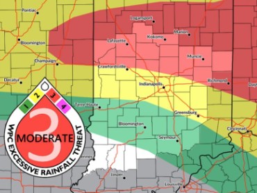 A weather map showing a "Moderate" risk of severe thunderstorms across parts of the central United States.