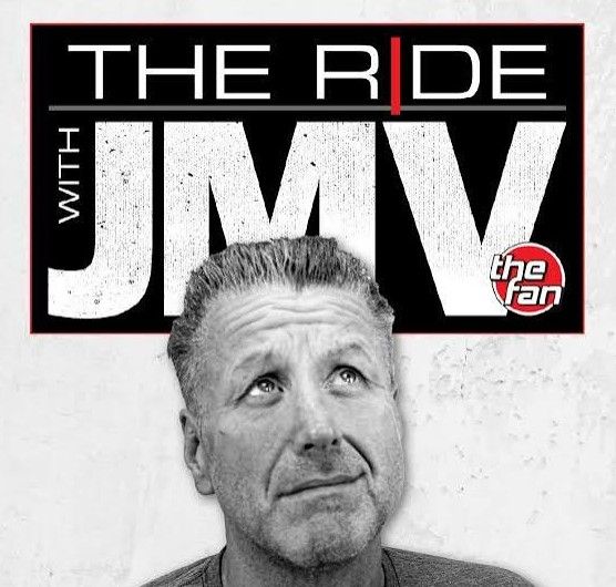 A close-up black and white portrait of an older man with a serious expression, the text "THE RIDE with JMW the fan" visible above him.