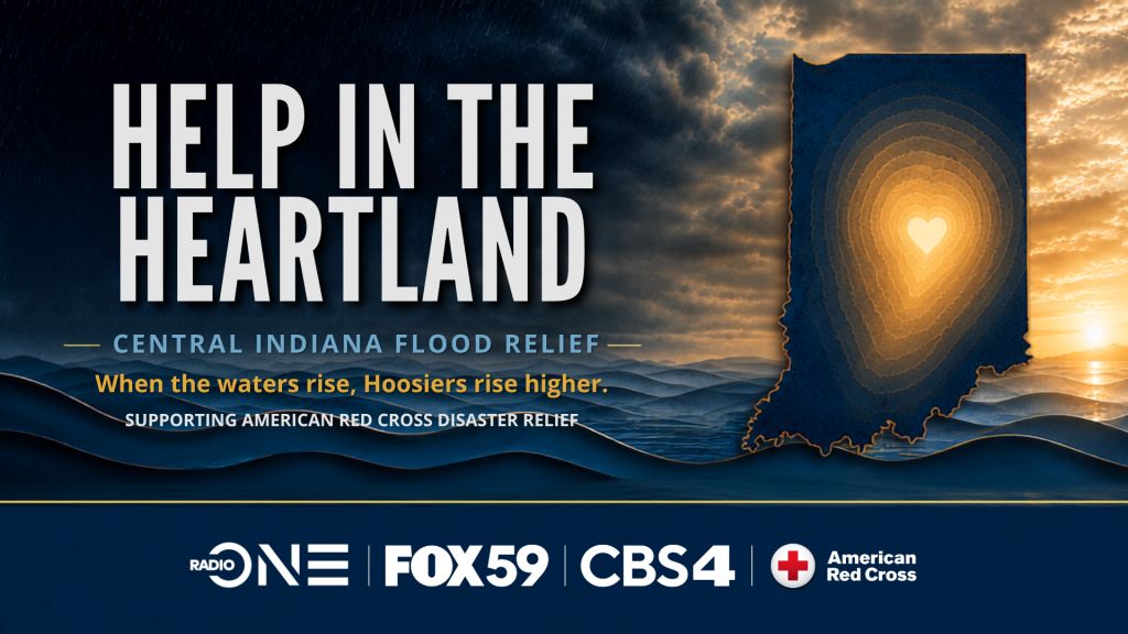 Dramatic sunset sky with clouds over mountains. Text: "HELP IN THE HEARTLAND - CENTRAL INDIANA FLOOD RELIEF - When the waters rise, Hoosiers rise higher. Supporting American Red Cross disaster relief." Logos for TV stations and American Red Cross.