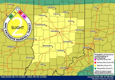 Weather map showing a "Slight" risk of excessive rainfall across parts of Ohio and surrounding states.