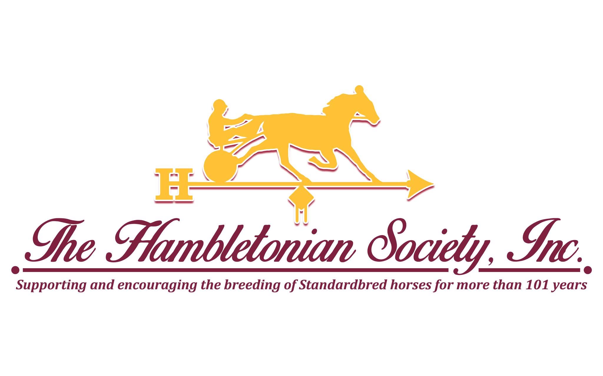 The Hambletonian Society, Inc. logo featuring a yellow horse pulling a sulky with the text "Supporting and encouraging the breeding of Standardbred horses for more than 101 years".
