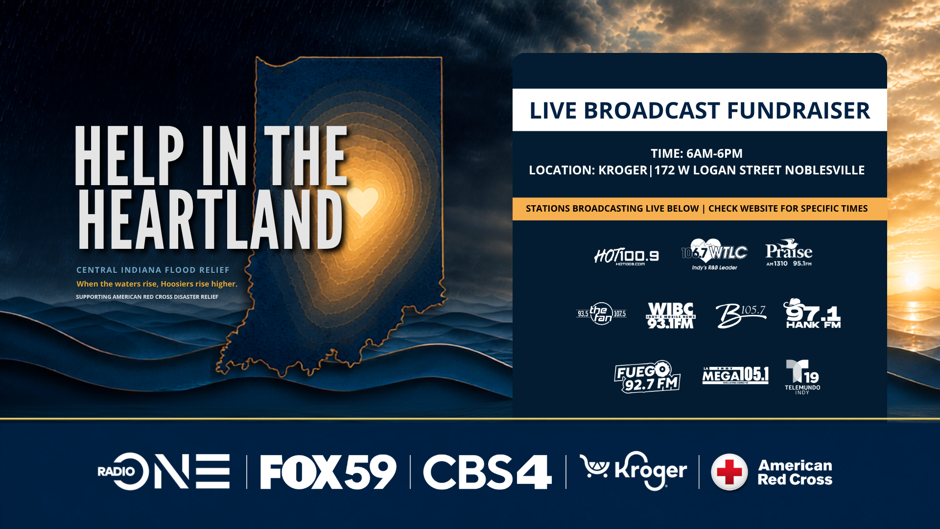 Live broadcast fundraiser for Central Indiana flood relief, featuring logos and call letters of participating radio stations and networks.