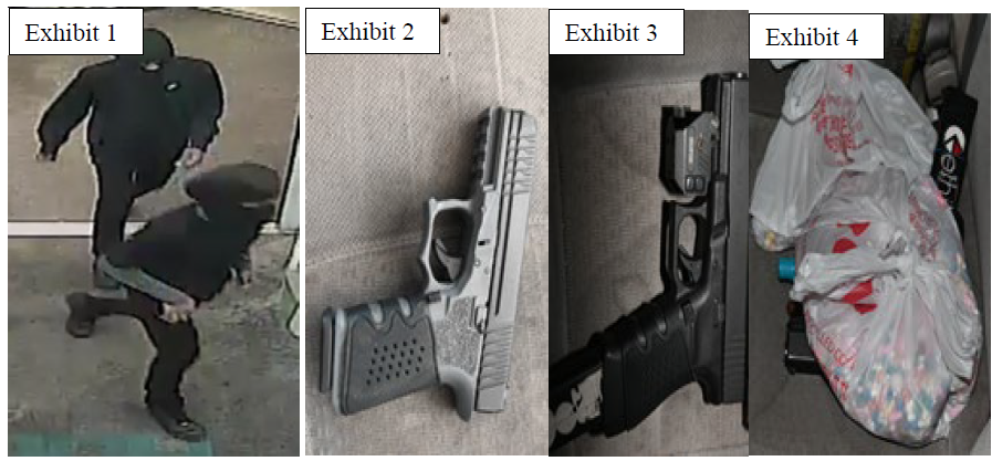 Exhibit 1: Silhouette of a person running. Exhibit 2: Handgun on a surface. Exhibit 3: Handgun and ammunition on a surface. Exhibit 4: Bloodied clothing in a plastic bag.