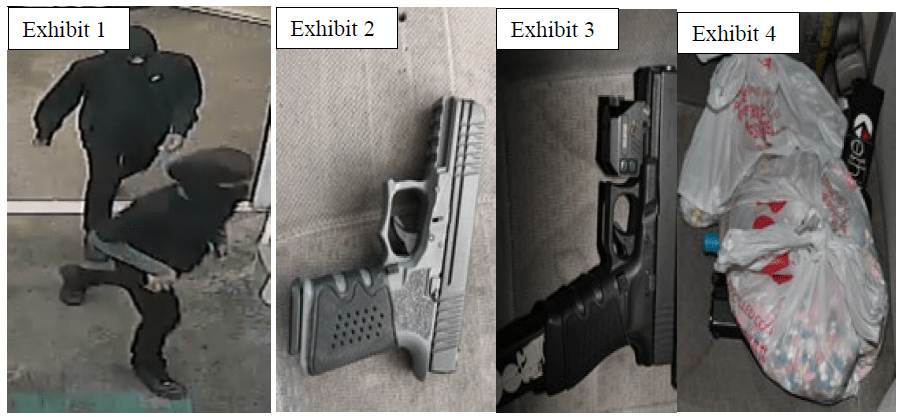 Exhibit 1: Silhouette of a person running. Exhibit 2: Handgun on a surface. Exhibit 3: Handgun and ammunition on a surface. Exhibit 4: Bloodied clothing in a plastic bag.