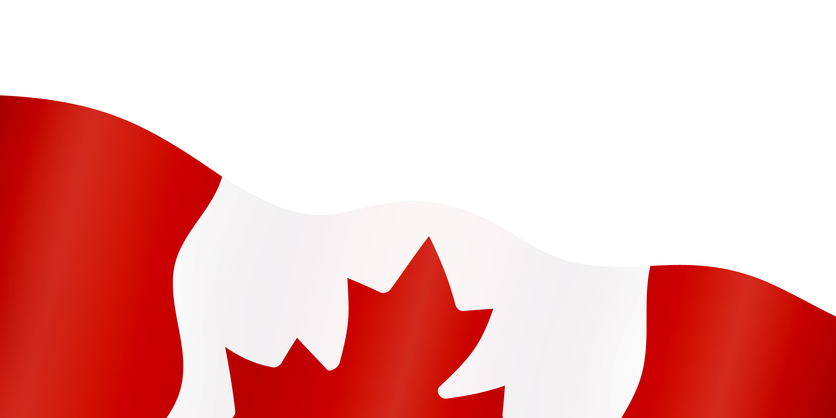 Waving Canada flag banner background with red maple leaf and copy space. Frame or border