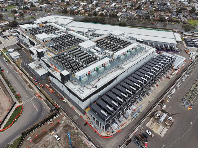 Aerial view of a large modern data center facility